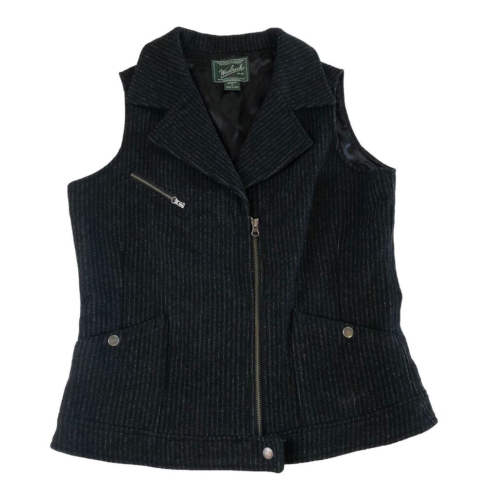 Woolrich Women's Wool Blend Full Zip Vest Gray Black Striped Collared Medium